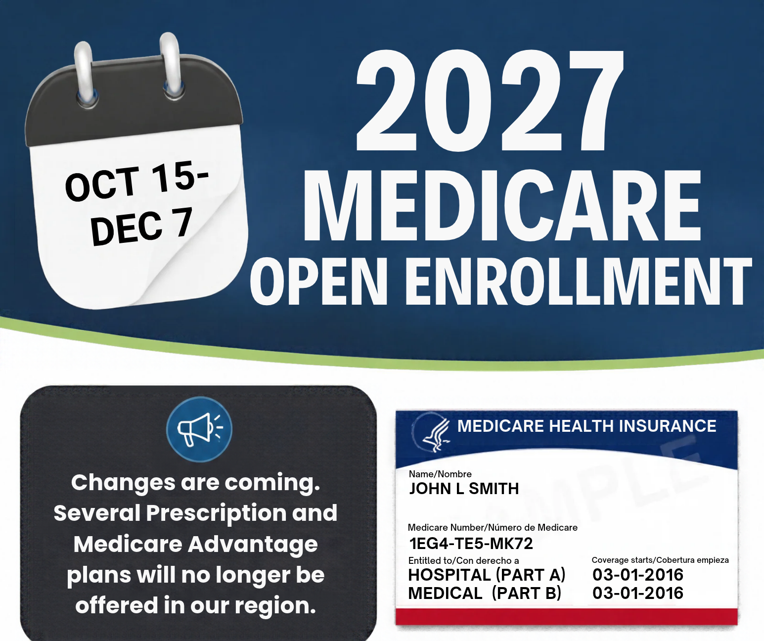 2027 Medicare Open Enrollment, October 15 to December 7. Changes are coming: several prescription and Medicare Advantage plans will no longer be offered in our region.